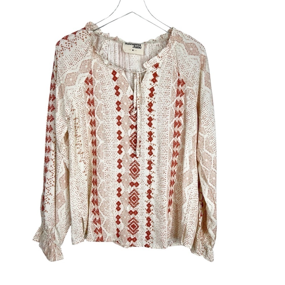 SAVANNA JANE Embroidered Bohemian Peasant Style Blouse Ivory & Rust Orange Med.